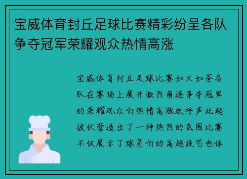 宝威体育封丘足球比赛精彩纷呈各队争夺冠军荣耀观众热情高涨