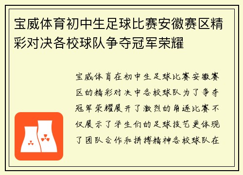 宝威体育初中生足球比赛安徽赛区精彩对决各校球队争夺冠军荣耀
